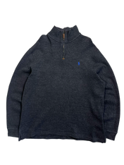 Férfi sötétkék vintage félcipzáros pulóver hímzett logóval, streetwear stílusban
