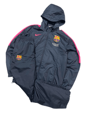 FC Barcelona férfi sötétkék melegítő szett kapucnis dzsekivel, rózsaszín csíkokkal