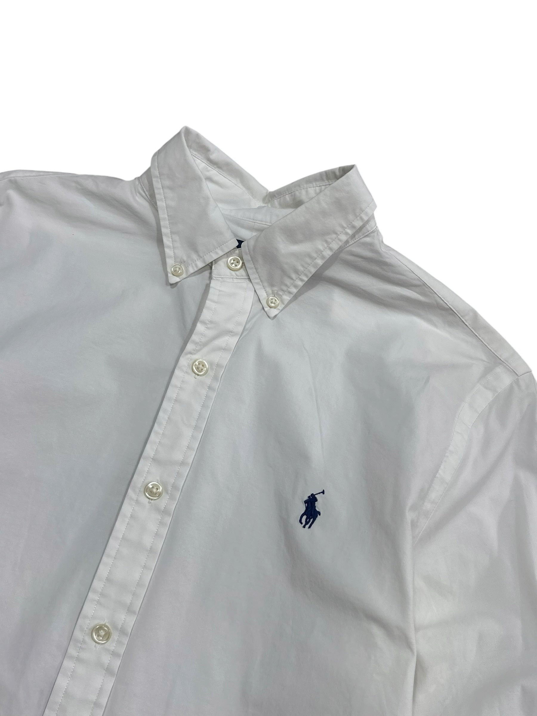 Candy Streetwear fehér Ralph Lauren hosszú ujjú pamuting gombos gallérral és sötétkék hímzett lovas logóval