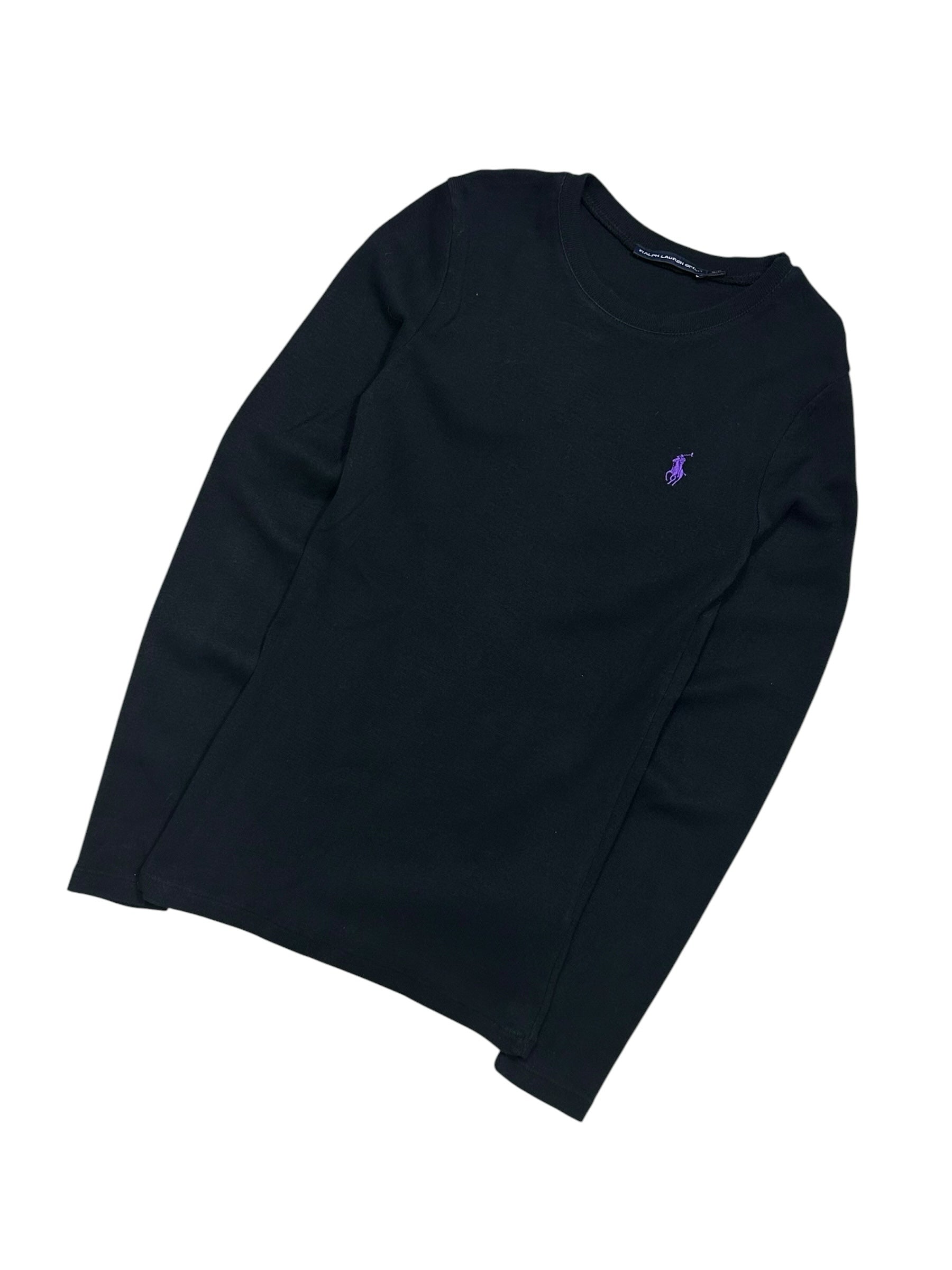Candy Streetwear fekete Ralph Lauren Sport hosszú ujjú felső lila hímzett logóval és kerek nyakkivágással