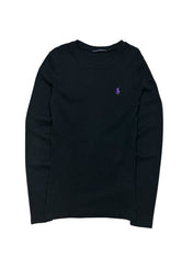 Candy Streetwear fekete Ralph Lauren Sport hosszú ujjú felső lila hímzett logóval és kerek nyakkivágással