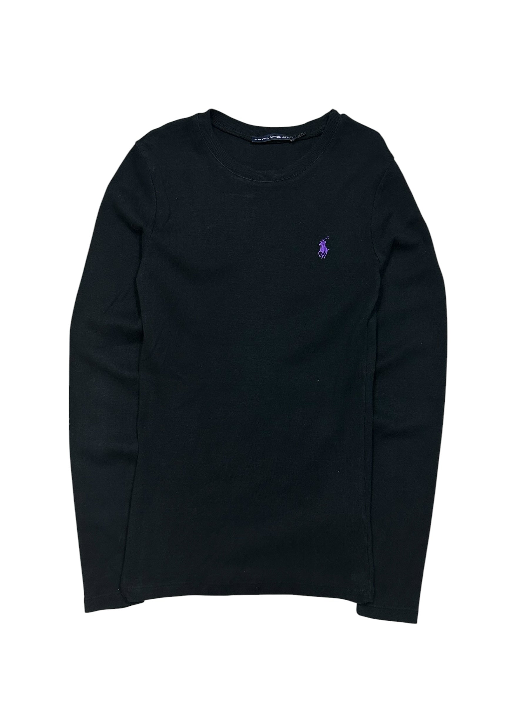 Candy Streetwear fekete Ralph Lauren Sport hosszú ujjú felső lila hímzett logóval és kerek nyakkivágással