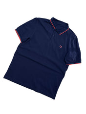 Candy Streetwear sötétkék Fred Perry férfi pamut piké póló piros és világoskék csíkos gallérral és hímzett logóval