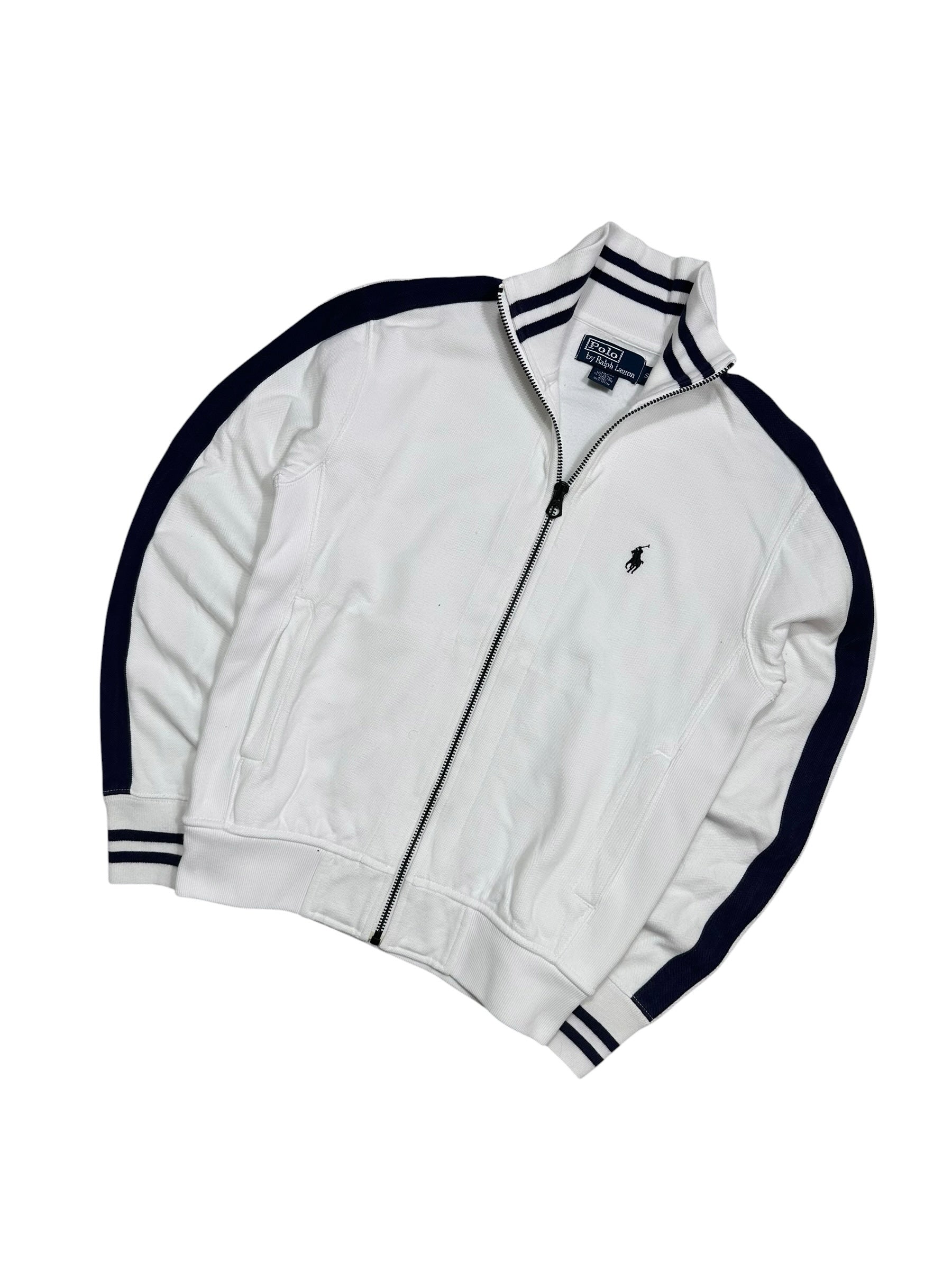 Candy Streetwear Polo Ralph Lauren fehér cipzáras férfi felső sötétkék csíkokkal és hímzett logóval
