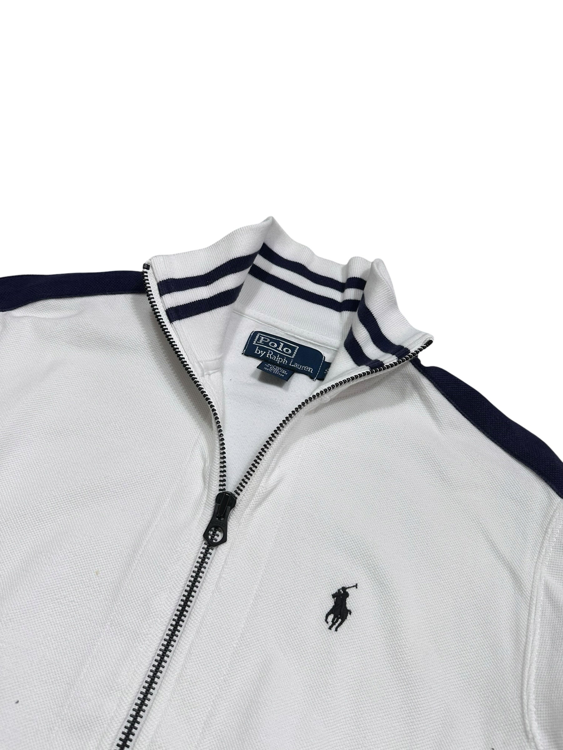 Candy Streetwear fehér Polo Ralph Lauren cipzáras felső sötétkék csíkos gallérral és hímzett lovas logóval