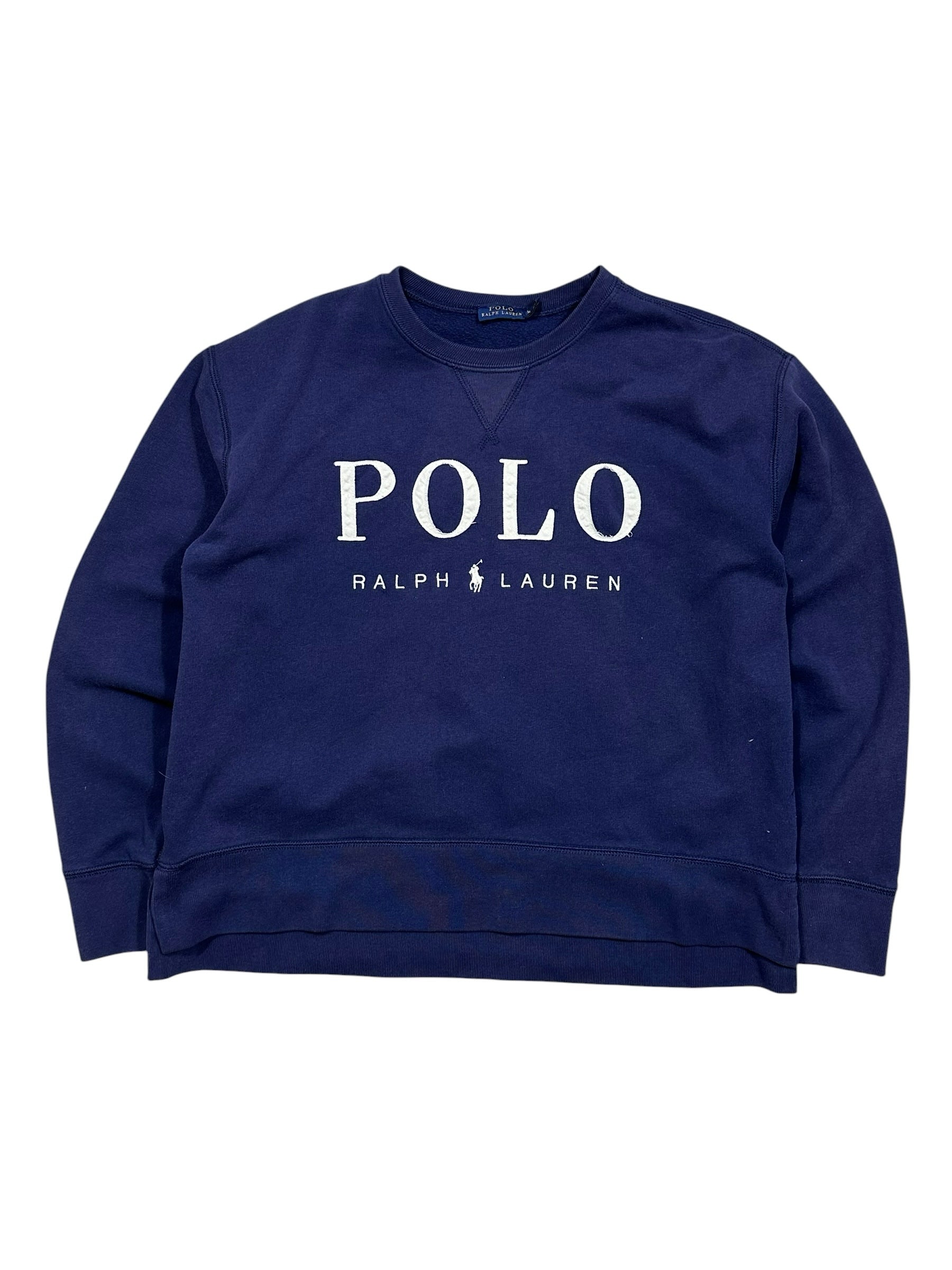 Candy Streetwear sötétkék Polo Ralph Lauren pamut pulóver fehér márkajelzéssel és kerek nyakkivágással