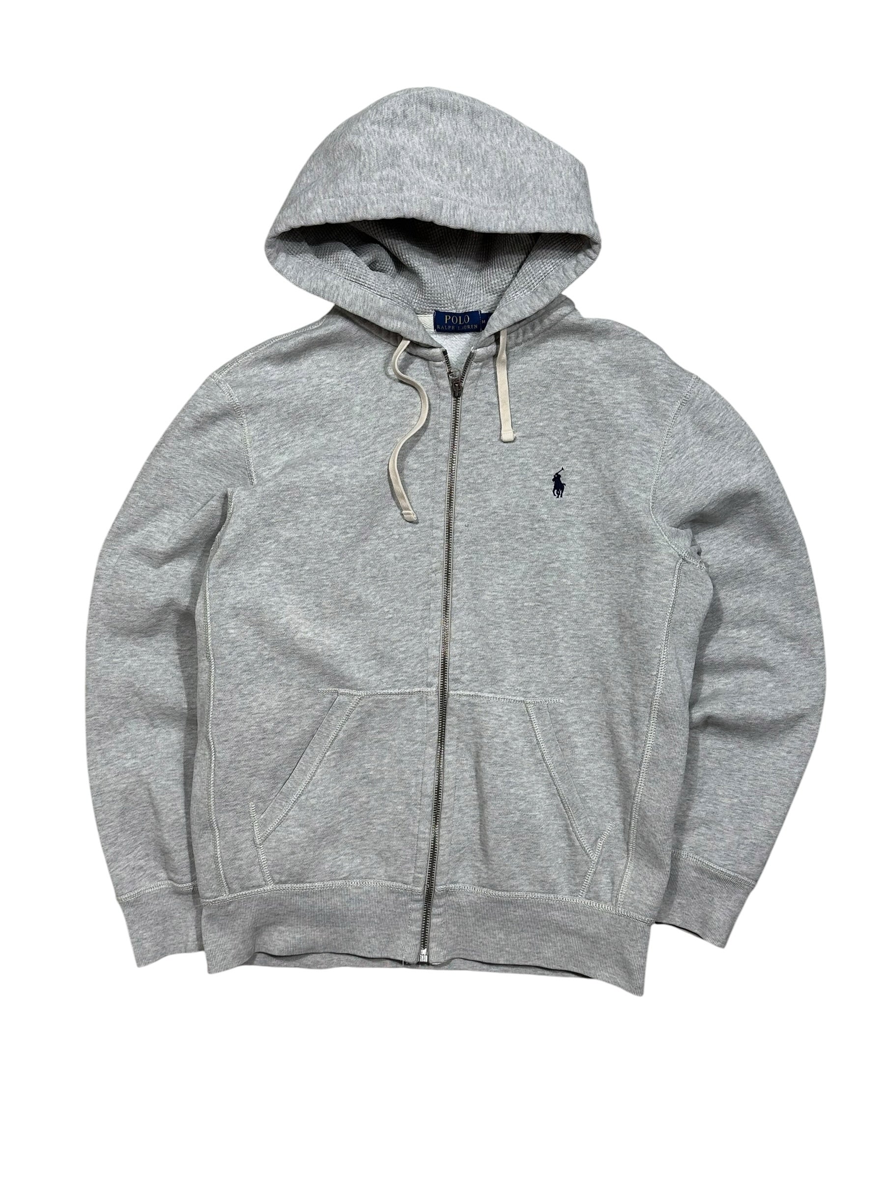 Candy Streetwear szürke Polo Ralph Lauren cipzáras kapucnis pulóver sötétkék hímzett logóval és kenguruzsebekkel