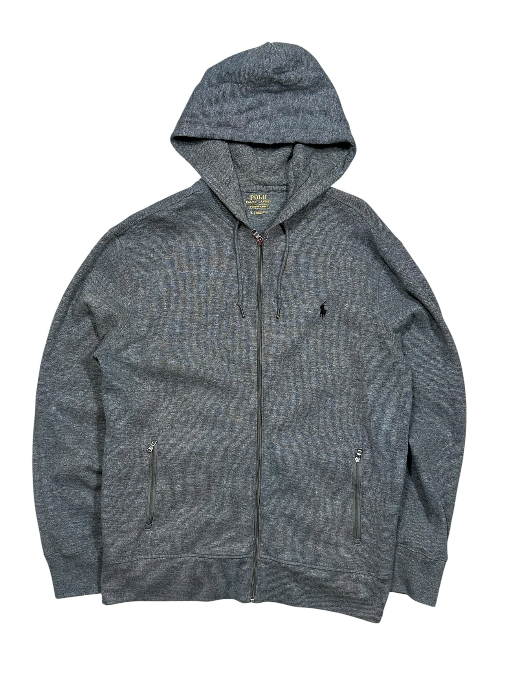 Candy Streetwear sötétszürke melírozott Polo Ralph Lauren cipzáras kapucnis pulóver hímzett logóval és zsebekkel
