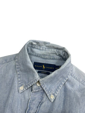 Candy Streetwear világoskék, mosott hatású, gombos gallérú Ralph Lauren slim fit farmering részlete