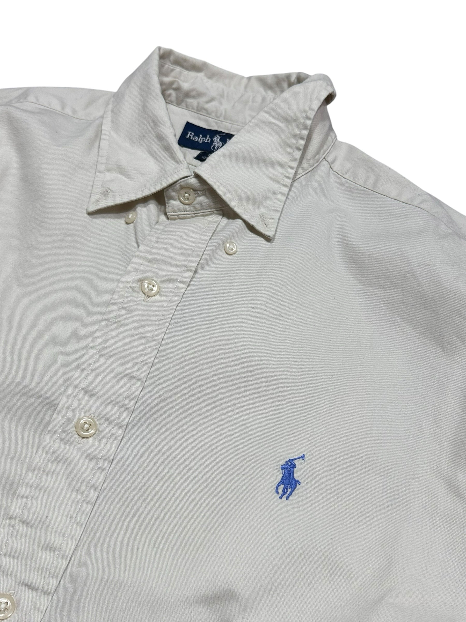 Candy Streetwear krémszínű, hosszú ujjú, gombos gallérú Ralph Lauren pamuting kék hímzett lovas logóval