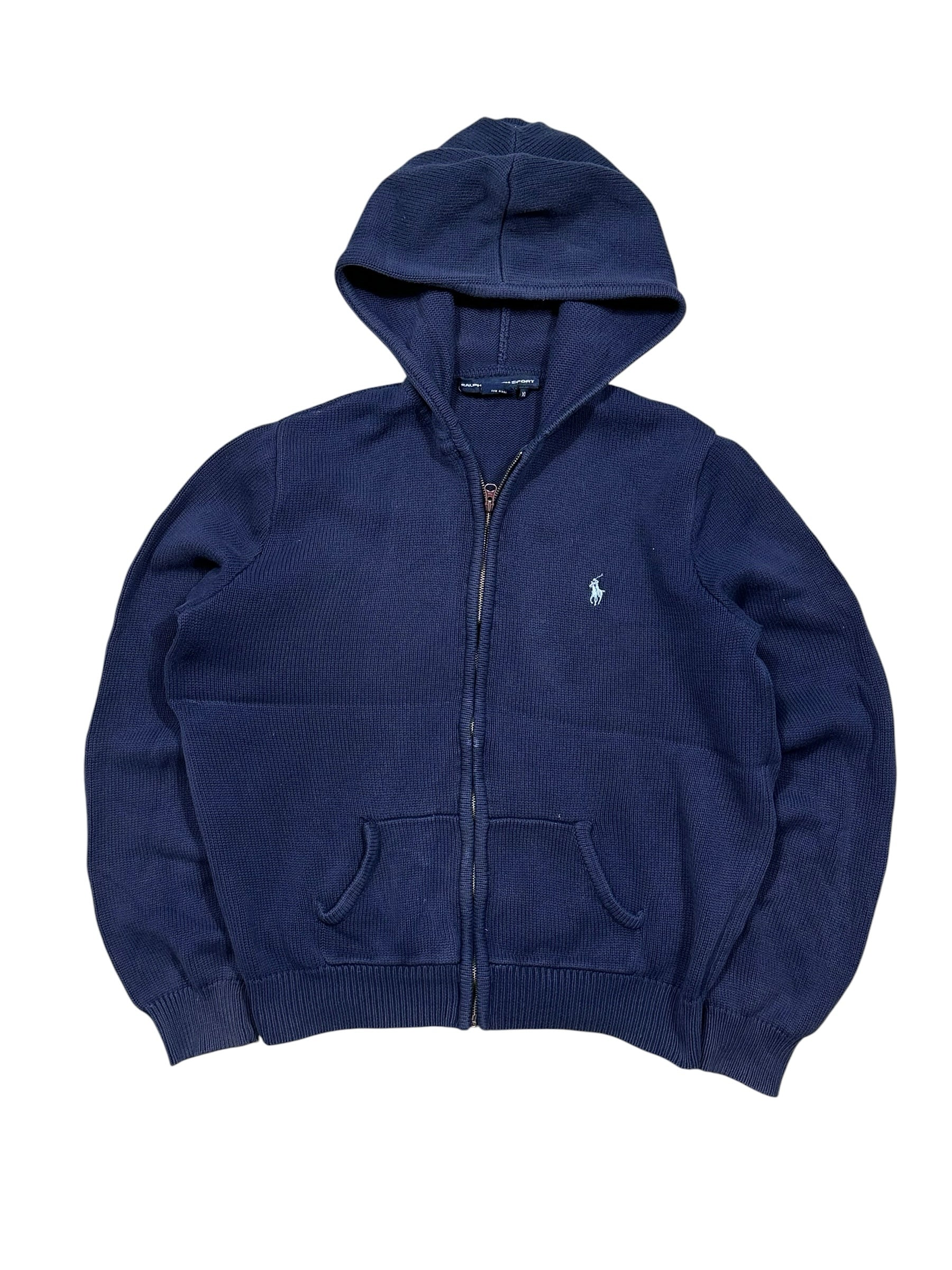 Candy Streetwear sötétkék Ralph Lauren cipzáras kötött kapucnis pulóver hímzett logóval és kenguru zsebekkel