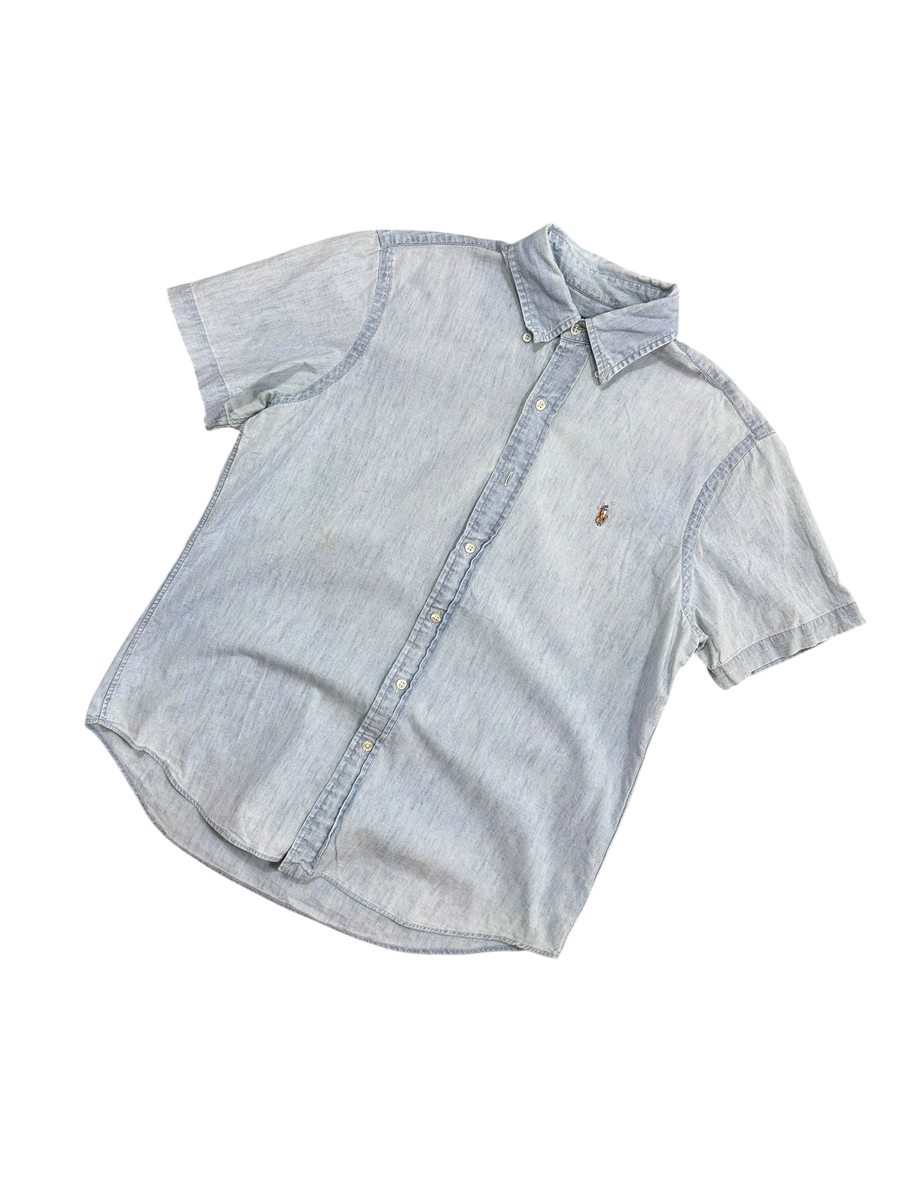 Candy Streetwear világoskék, rövid ujjú Ralph Lauren farmering hímzett logóval, klasszikus galléros kialakítással.