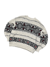 Kötött vintage pulóver skandináv mintákkal, fekete-fehér-piros színekben, streetwear stílus