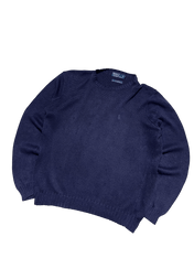 Sötétkék vintage kötött pulóver, streetwear stílus, kerek nyakkal, férfi divat