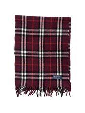 Bordó kockás vintage Burberry sál, 100% gyapjú, rojtos széllel, streetwear stílus