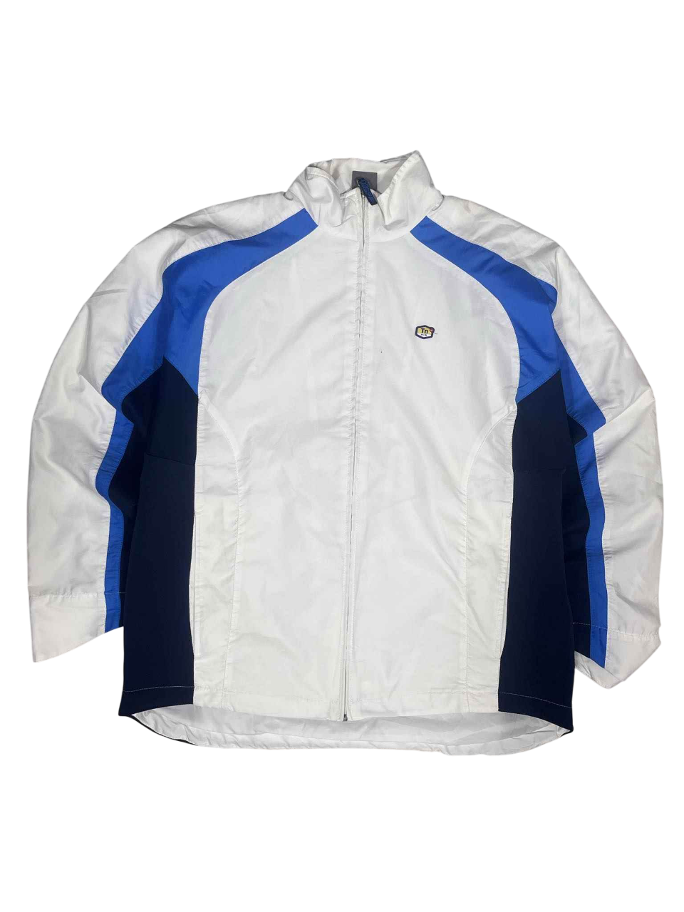 Fehér, kék és sötétkék vintage streetwear dzseki cipzárral, sportos stílusban.