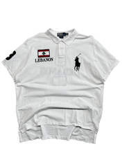 Fehér vintage Ralph Lauren póló, Lebanon felirattal, libanoni zászlóval, streetwear stílusban.