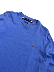 Kék vintage streetwear pulóver hímzett logóval, designer ruházat