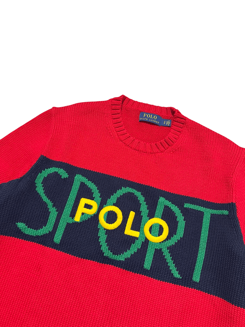 Piros, kötött Polo Ralph Lauren pulóver, SPORT felirattal, vintage streetwear stílus
