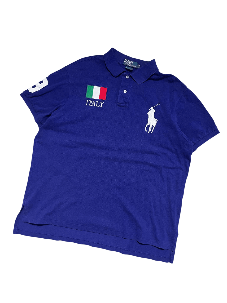 Kék vintage polo ing, olasz zászló, ITALY felirat és fehér hímzett logóval